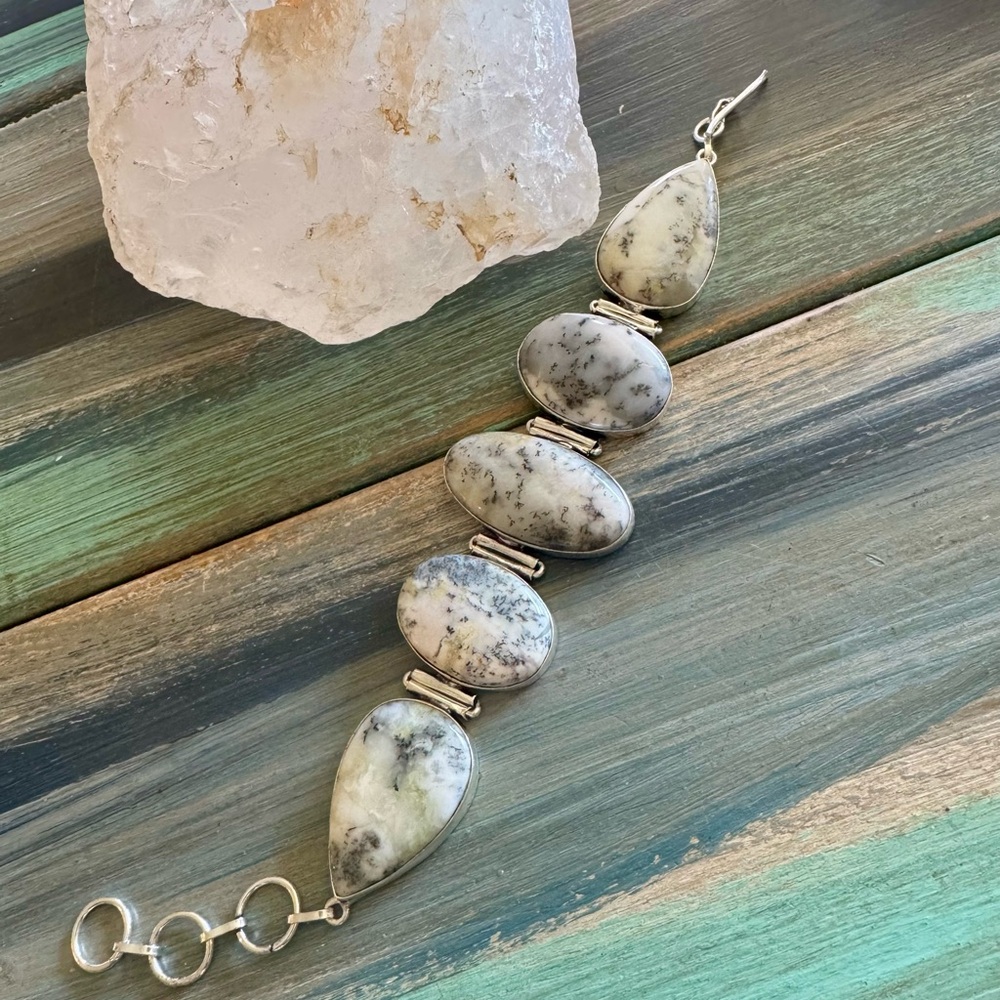 Elegant Dendtric Opal Silver and Gray Stone Bracelet